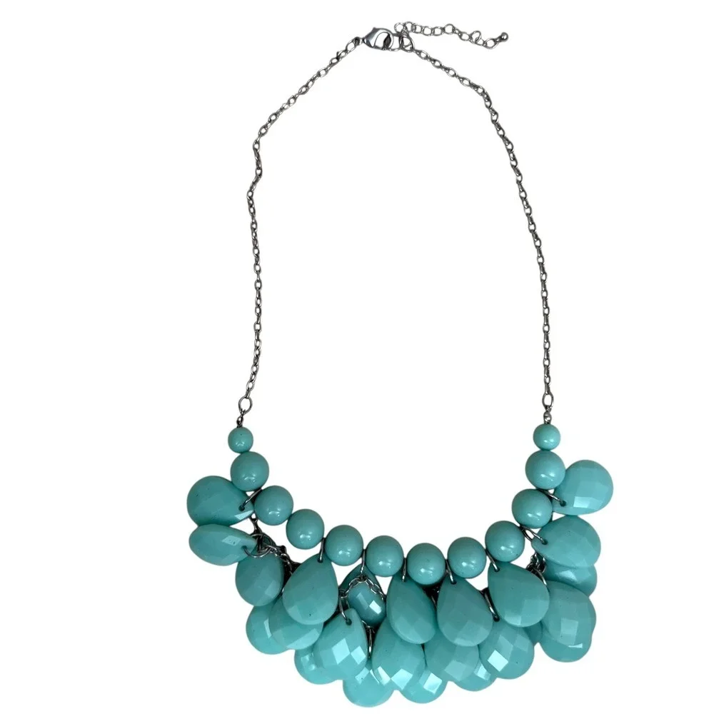 Statement Necklace Turquoise Beaded Bib Chunky Silver Tone Chain Jewelry 20 in